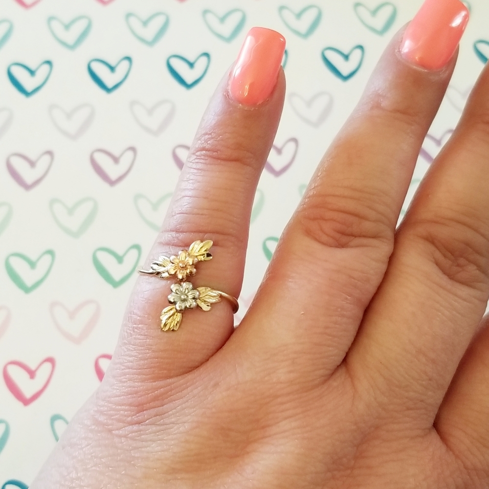 10K Gold Floral Tri Color Bypass Ring - Picture 3 of 12